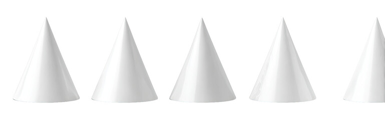 Five identical white cones arranged horizontally
