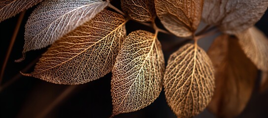 Artistic Composition of Golden Dried Leaves with Detailed Patterns and Soft Light Creating Warm Nostalgic Atmosphere