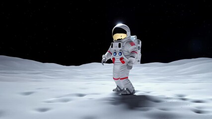 Wall Mural - astronaut in white spacesuit walking on lunar surface with crater-filled terrain and waving hand. is