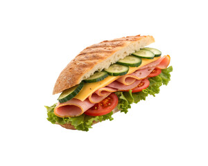 Wall Mural - Fresh Veggie And Ham Sandwich with layers of ham, cheese, lettuce, cucumber, and tomatoes on a PNG background