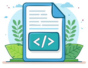 digital document with coding symbol and plant illustrations for web development resources