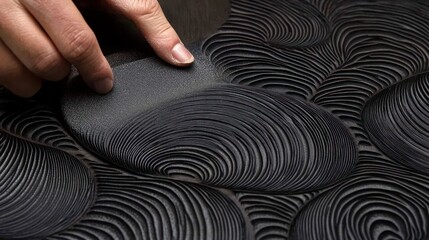 Sensory exploration with hand touching textured black material and abstract design