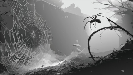 Black and white spider web background featuring intricate lines and patterns..eps