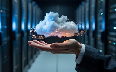 Cloud computing concept hand holding a glowing cloud in a server room