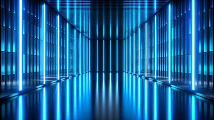 Futuristic blue neon light corridor with reflective floor and vertical lines, abstract architectural background with glowing illumination