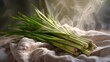 © Quail 8s Studio - Freshly harvested lemongrass stalks with visible steam rising resting on  textured fabric