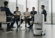 © SRD - A futuristic AI service robot with a cute face serves a hot coffee beverage during a corporate business meeting in a modern, high-tech office workplace.