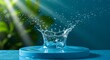 © Wan - Crystal-Clear Water Splash on Blue Pedestal with Sunlight Rays and Green Leaf Background in Minimal Studio