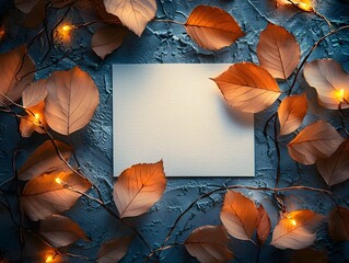 Wall Mural - cozy autumn leaves with warm glowing lights on a blank card