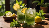 Refreshing mojito cocktail with lime and mint on a wooden table