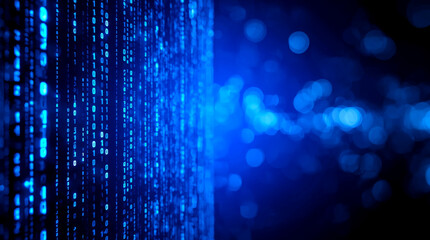 blue digital binary data on computer screen. On the left side, columns of glowing binary code in white and light blue stand out sharply on a dark blue background