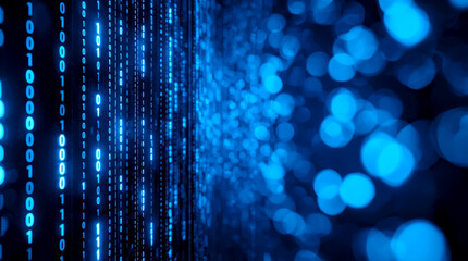 blue digital binary data on computer screen. On the left side, columns of glowing binary code in white and light blue stand out sharply on a dark blue background