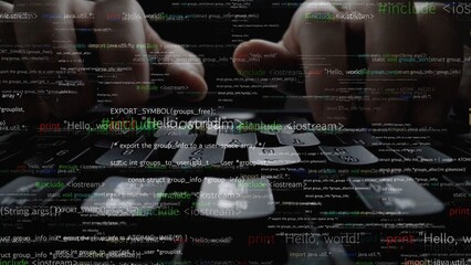 Wall Mural - an intimate perspective of hands actively typing on a dark keyboard, surrounded by colorful programm