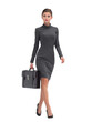 © Sam - PNG of Elegant woman in a fitted gray dress holding a briefcase, exuding confidence and professionalism.