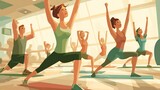 Group fitness class gym aerobics vector scene