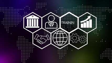 A training concept on a futuristic .Hi tech motion graphic background, white flickering dots on dark background .4k video .
