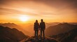 © DNY3D - Couplke standing on top of a mountain together on a hike at sunset sunlight, a view of the beautiful scenery