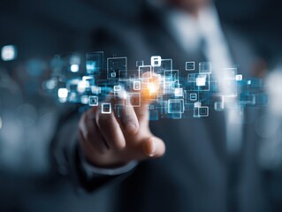 Business man searching online Big Data digital application Artificial Intelligence (AI) to help work on the futuristic business and coding software development on interfaces and network connections.