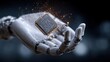 © Turab - Robotic hand holding a microchip with glowing particles.