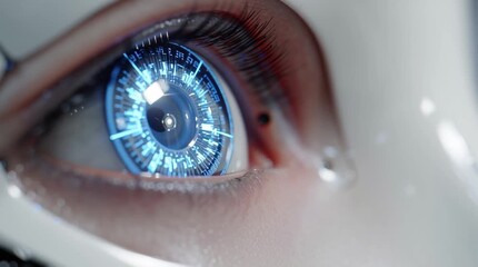 Wall Mural - Extreme close-up of the intricate glowing blue eye of a futuristic robot, revealing fine mechanical details, circuitry patterns, and luminous reflections in high resolution.
