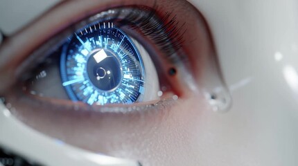 Wall Mural - Extreme close-up of the intricate glowing blue eye of a futuristic robot, revealing fine mechanical details, circuitry patterns, and luminous reflections in high resolution.
