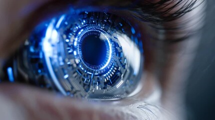 Wall Mural - Extreme close-up of the intricate glowing blue eye of a futuristic robot, revealing fine mechanical details, circuitry patterns, and luminous reflections in high resolution.
