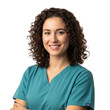 © MstShilpi12 - Portrait of a smiling female healthcare professional wearing teal scrubs with curly dark hair isolated on transparent background