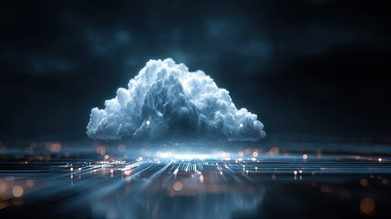 A digital cloud formation with bright light emanating from its base, representing data and technology.
