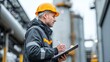 © Turab - Focused industrial worker in hard hat meticulously documenting site progress with a clipboard at a modern facility, embodying diligence and operational oversight