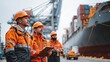 © Turab - Focused maritime professionals in orange safety gear coordinating operations beside a massive cargo ship at a bustling port terminal, signifying global trade and logistics.