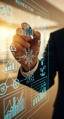 Wall Mural - hand drawing business plan on glass surface, showcasing graphs, charts, and network diagrams symboli