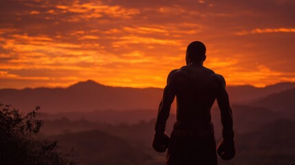 Wall Mural - A man stands in the mountains with the sun setting behind him. He is wearing boxing gloves and he is in a contemplative mood