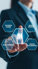 Wall Mural - hand interacting with digital interface, showcasing bi, data-driven decision, insightful reporting, 