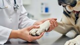 A veterinarian in a white coat holds a dog's paw during an examination.