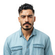 © Vibu design  gallery - Serious man with dark hair and mustache wearing a light blue denim shirt against a transparent background. background removed