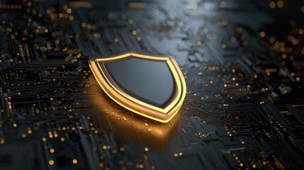 Wall Mural - a glowing black shield with a yellow border sits on a black surface. the shield is surrounded by a g