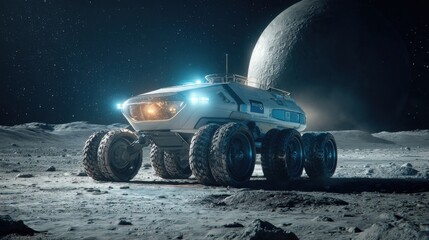 Wall Mural - a large white vehicle is driving on a rocky surface. the vehicle is surrounded by a bright blue sky 