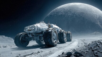 Wall Mural - a large white vehicle is driving on a rocky surface. the vehicle is surrounded by a dark sky and a l