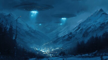 Wall Mural - a painting of a snowy mountain with three ufos flying in the sky. the mood of the painting is myster