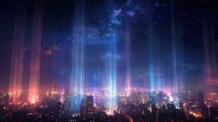 Wall Mural - a cityscape with a bright blue sky and a few clouds. the city is lit up with neon lights and the sky