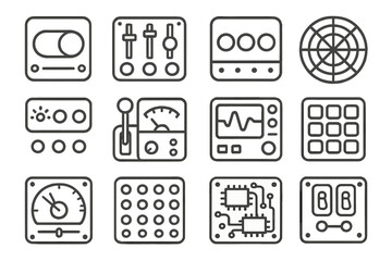 Futuristic control panel icons with dashboard and circuit elements