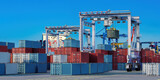 Container port with cranes loading and unloading cargo, representing shipping, logistics, transportation, trade, import, export, maritime industry.