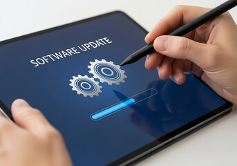 photo of close up of a person using a stylus on a tablet displaying a software update screen with ge