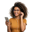 © Shahnaj - A young woman with curly hair and glasses smiling while listening to music on her smartphone with earbuds isolated on transparent background
