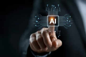 Futuristic AI Chip Activation: A Businessman's Touch Igniting the Power of Artificial Intelligence Technology Development and Innovation
