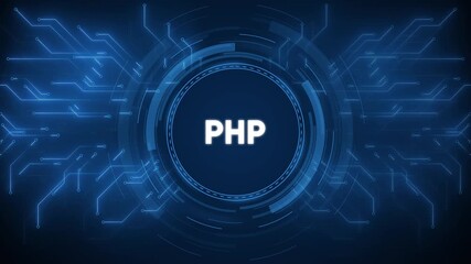 Animated php programming language text in digital circuitry blue background