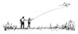 © Kaz - hand drawn couple flying kite outdoors – outline vector illustration