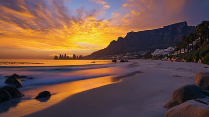 Wall Mural - A scenic coastline with rocks and a mountain in the background, suitable for travel or landscape uses