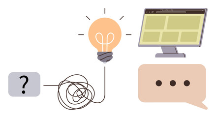Lightbulb connected to question mark and interface via tangled line symbolizing ideas, innovation, brainstorming. Ideal for creativity, problem-solving, UX design, communication, strategy, education