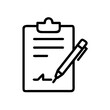 © Ejazify - Black outline of a clipboard with paper and a pen signing a document on a white background image